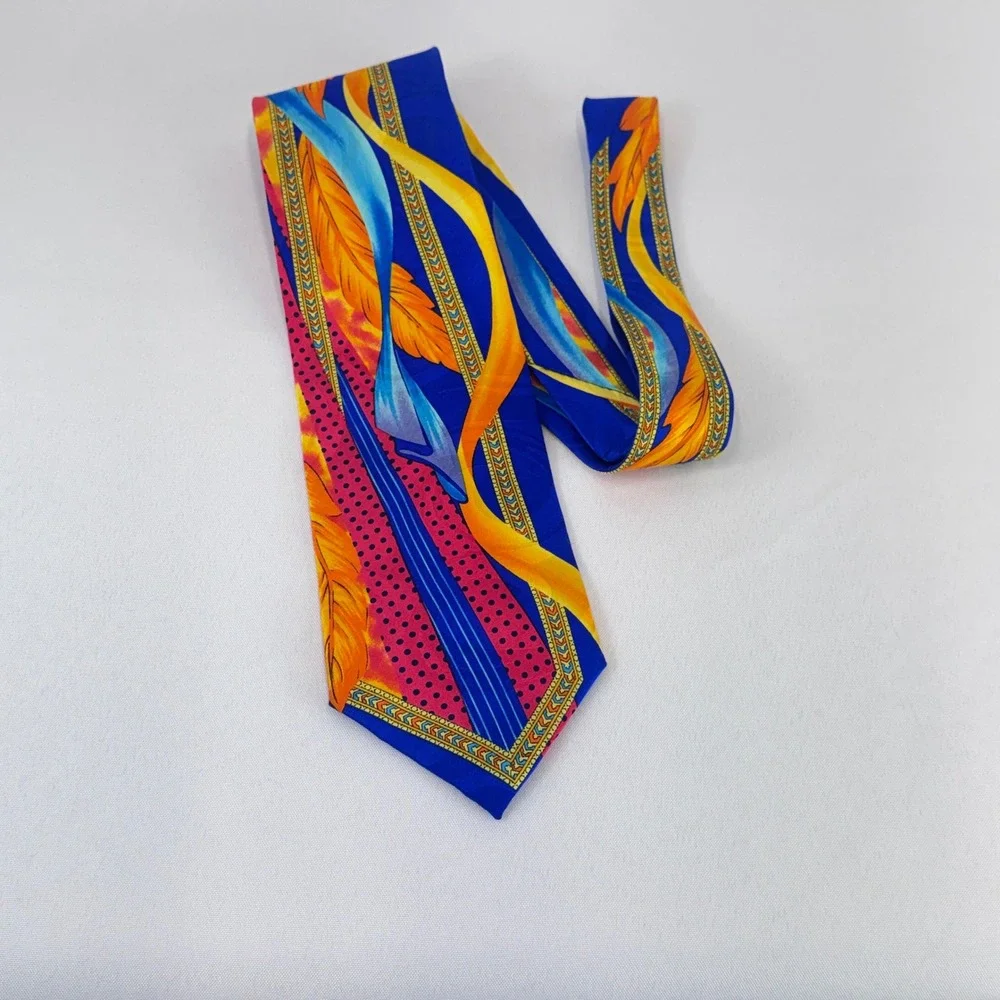 Krizia Uomo Silk Tie Mens Blue Orange Feather Polka‎ Dot Maximalist Retro Luxury